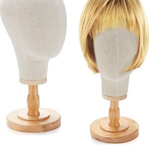 RattanView 1 Pc Wig Stand with Head 23 Inch Linen w/Wooden Stand Canvas(Beige)